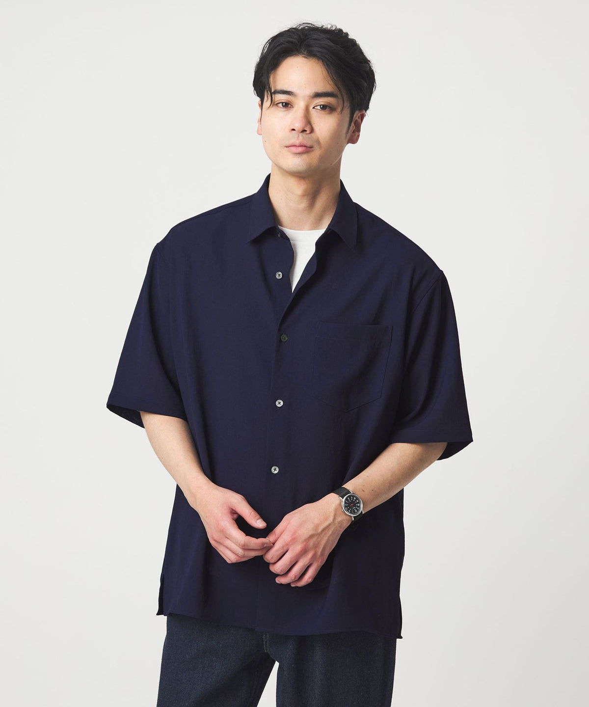 워셔 포플린 박스 실루엣 반팔 셔츠