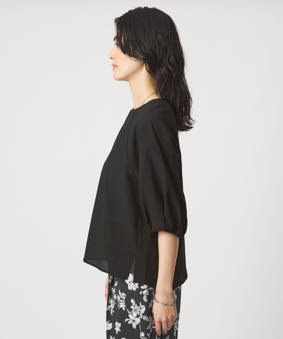 Top en maille seersucker à manches plissées