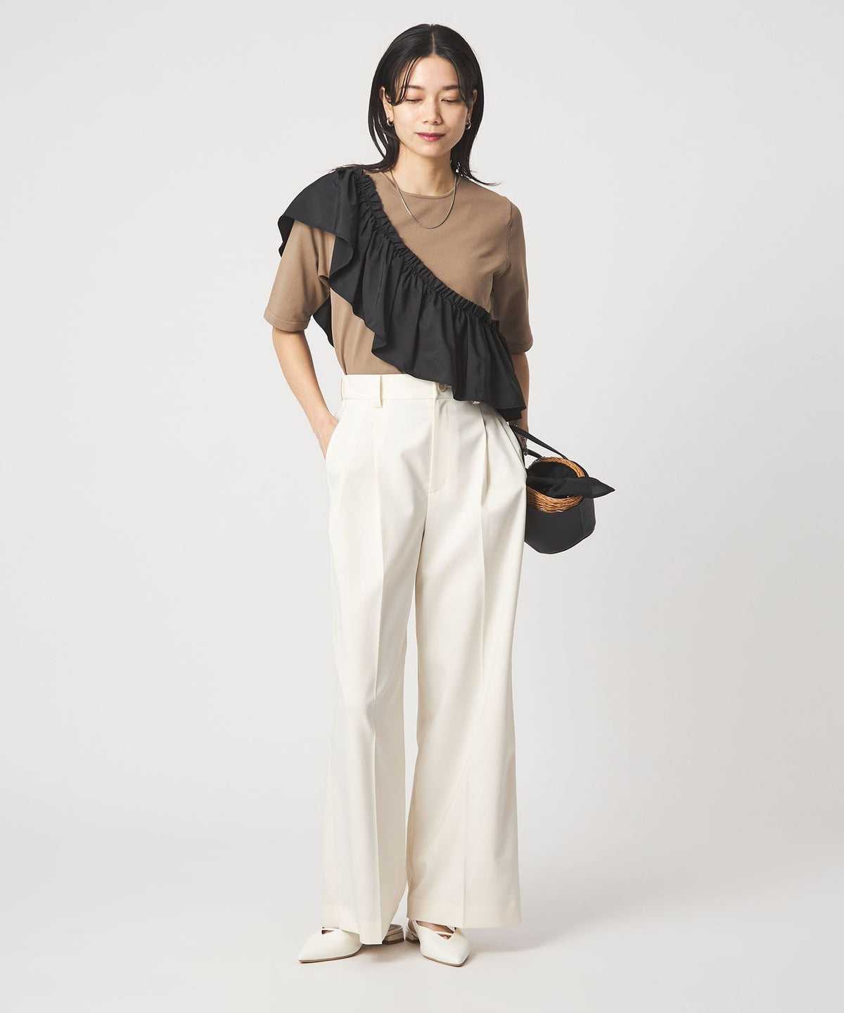 Washable Frill Panel 3/4 Sleeve Knit Pullover