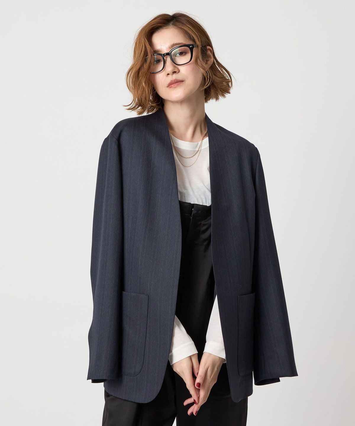<conte> Striped Herringbone Collarless Jacket