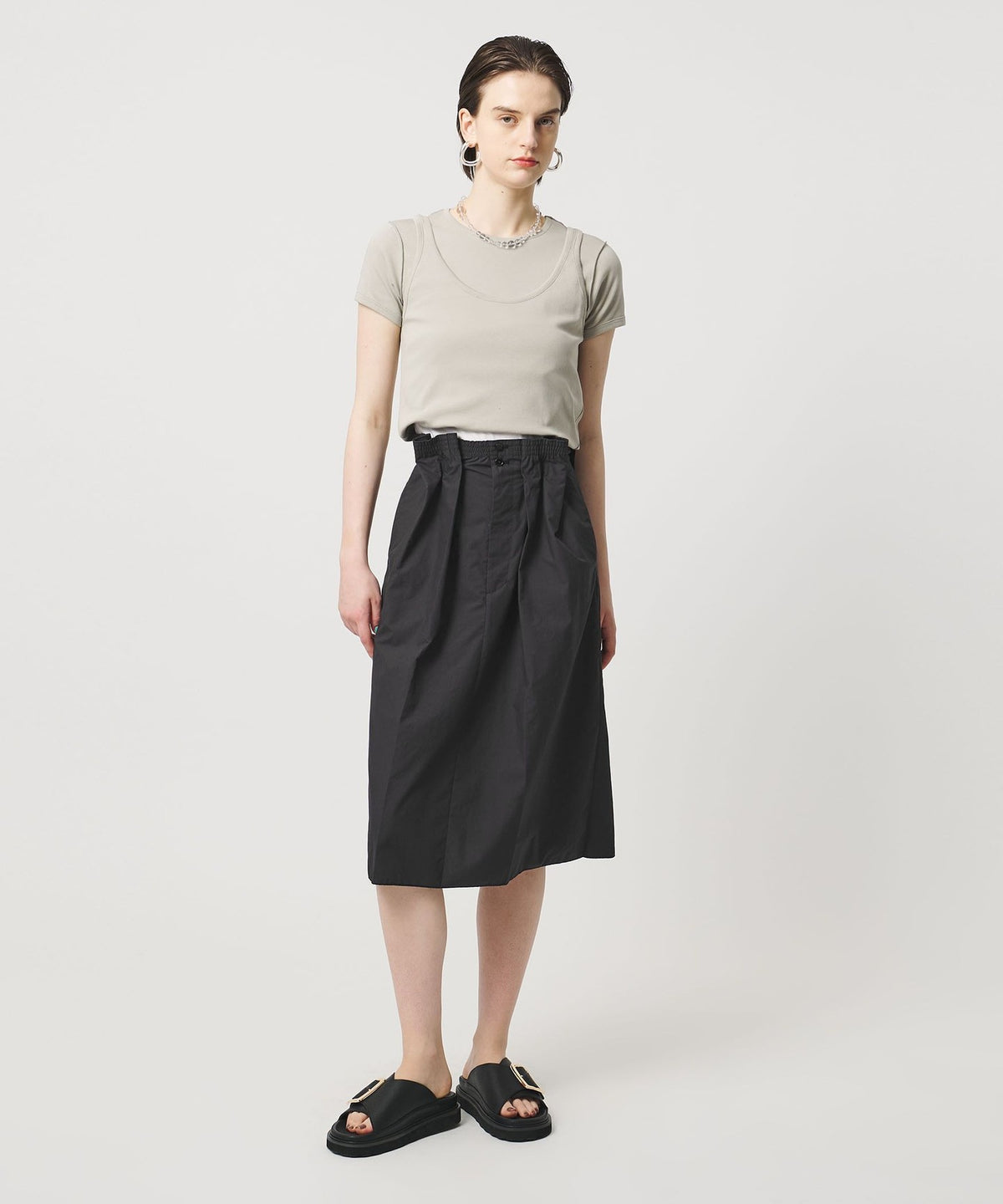 <ASTRAET> Elastic Waist Gathered Tuck Skirt