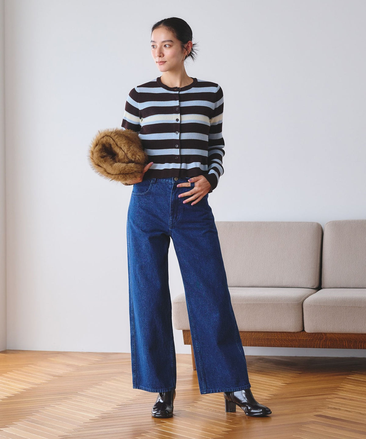 【网站限定 Wardrobe DAILY MINIMAL】条纹荷叶边针织开衫