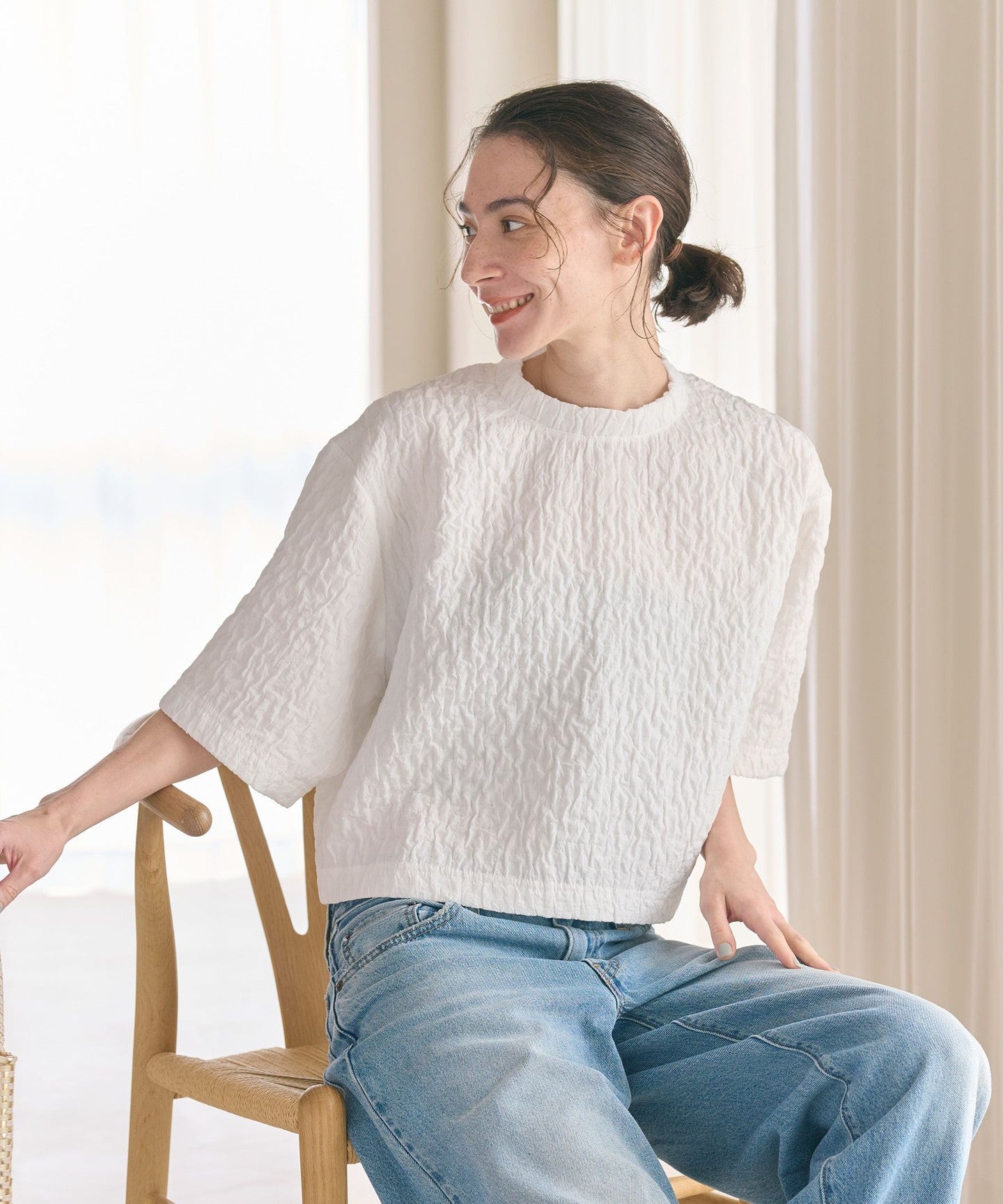 Jacquard Crew Neck 6/10 Sleeve Pullover - UNITED ARROWS