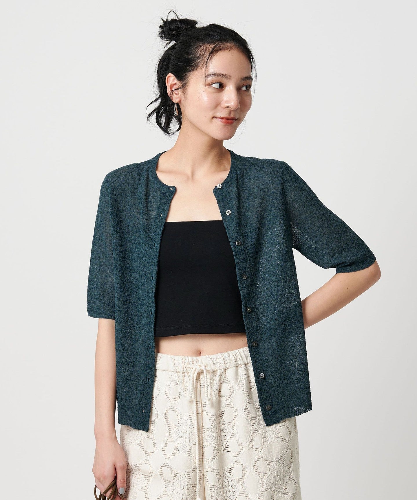 WoolNylon Crew Neck Half Sleeve CARDIGAN - UNITED ARROWS