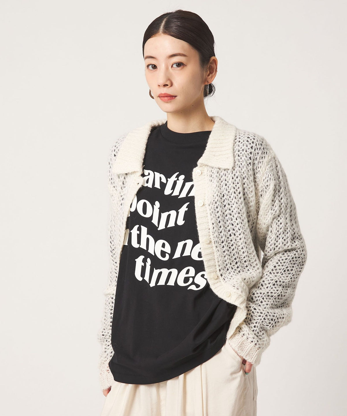 <CITEN> Mohair Blend Collared Knit Cardigan