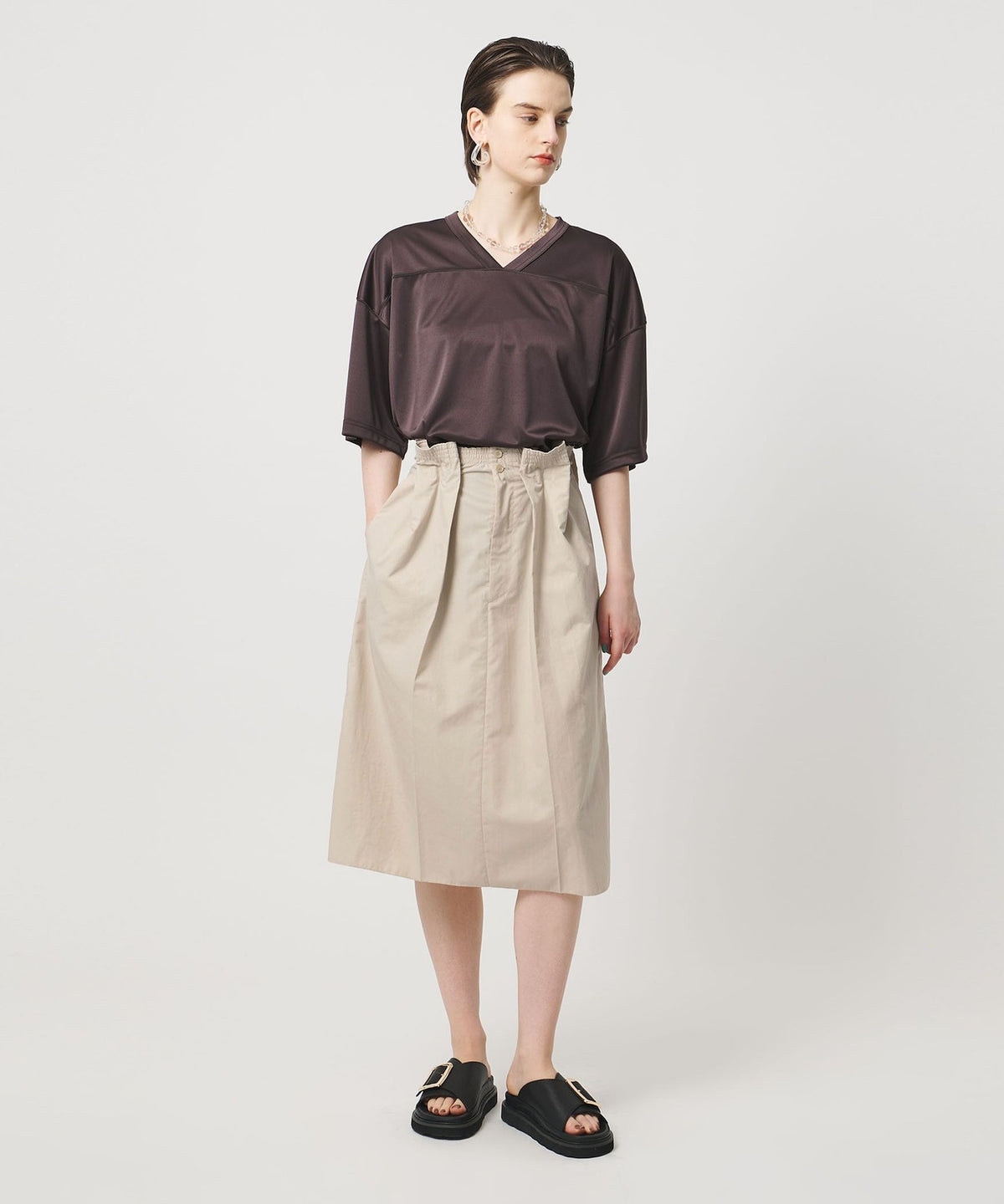 <ASTRAET> Elastic Waist Gathered Tuck Skirt