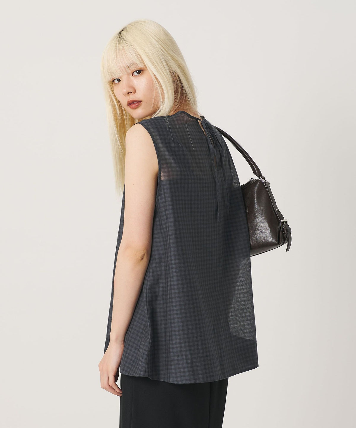 Cotton Silk Sheer Check Sleeveless Blouse