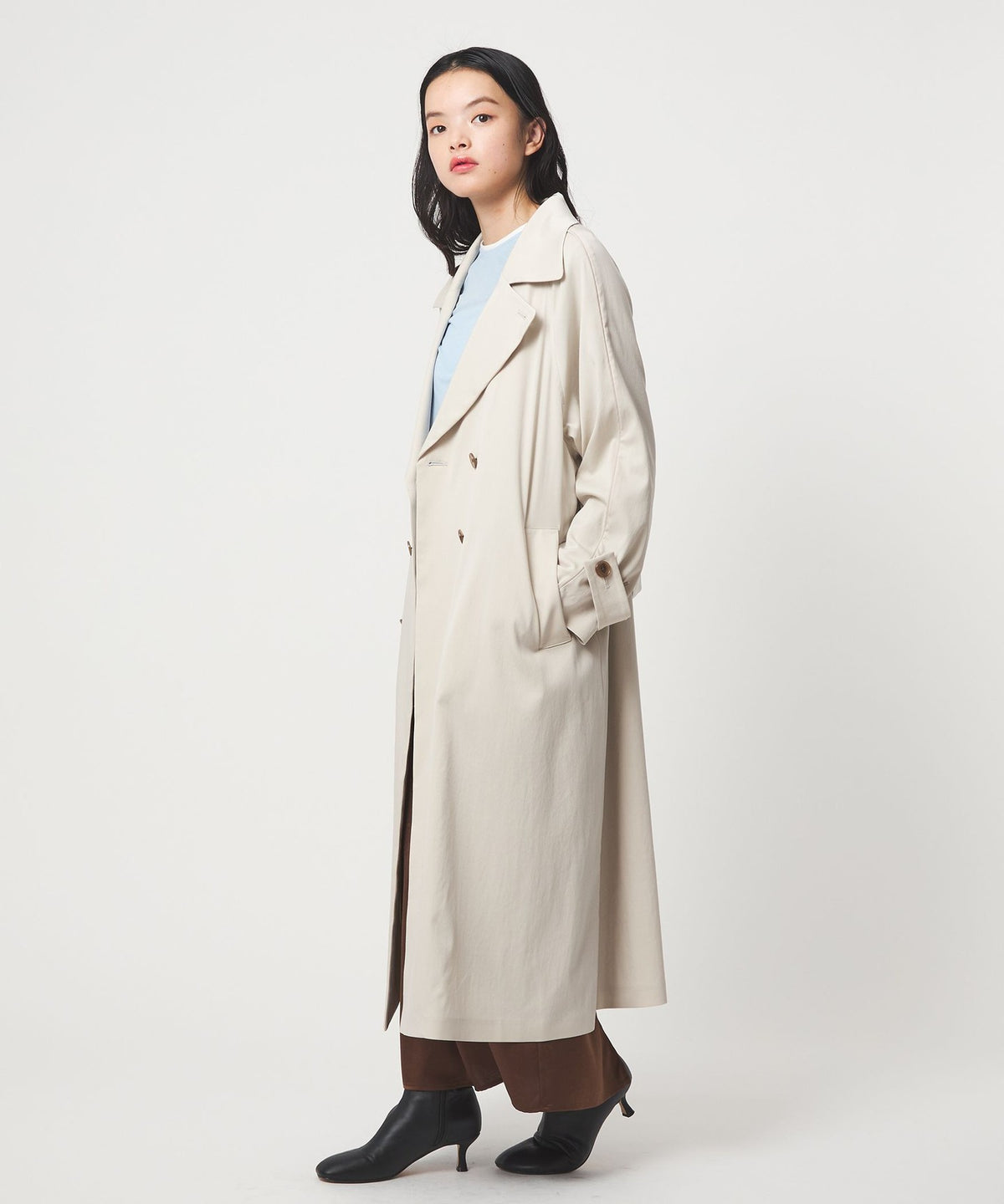 <EMMEL REFINES> EM Double-Button Draped Flare Trench Coat