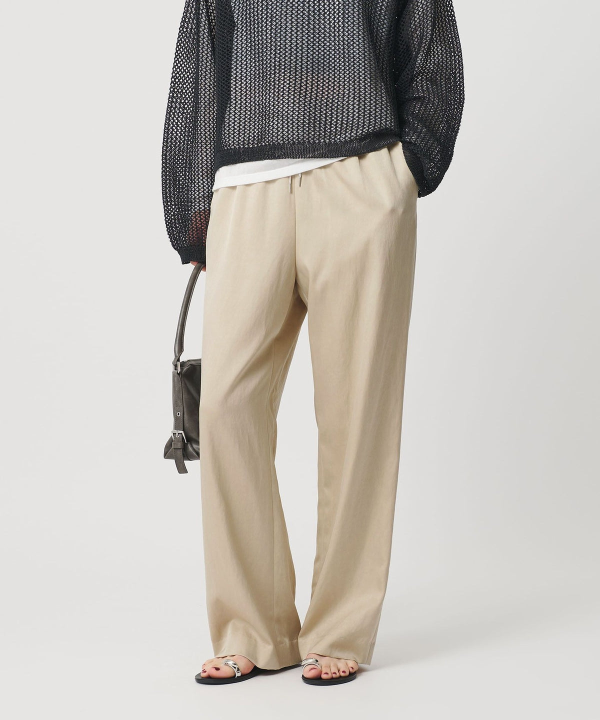 Waschbare Satin-Kordelzug-Hose mit weitem Bein