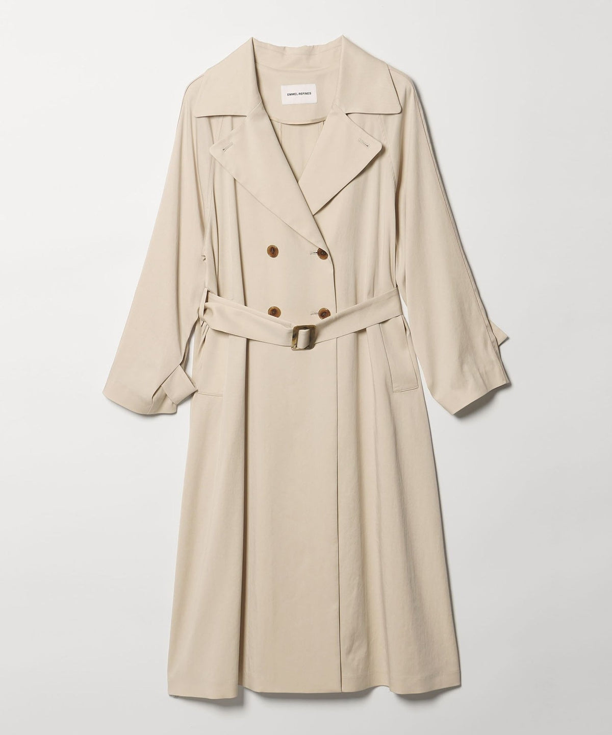 <EMMEL REFINES> EM Double-Button Draped Flare Trench Coat