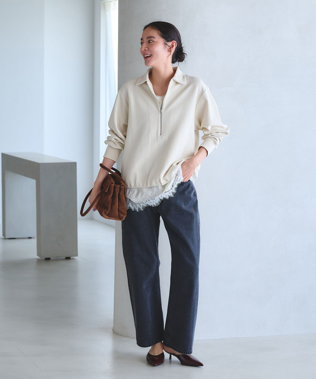 【網路限定 Wardrobe DAILY MINIMAL】雙層針織半拉鍊套頭衫