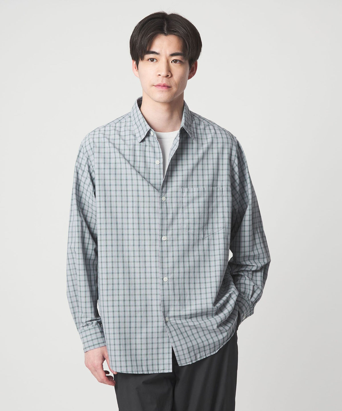 Nylon Cotton Check Relaxed Fit Long Sleeve Shirt