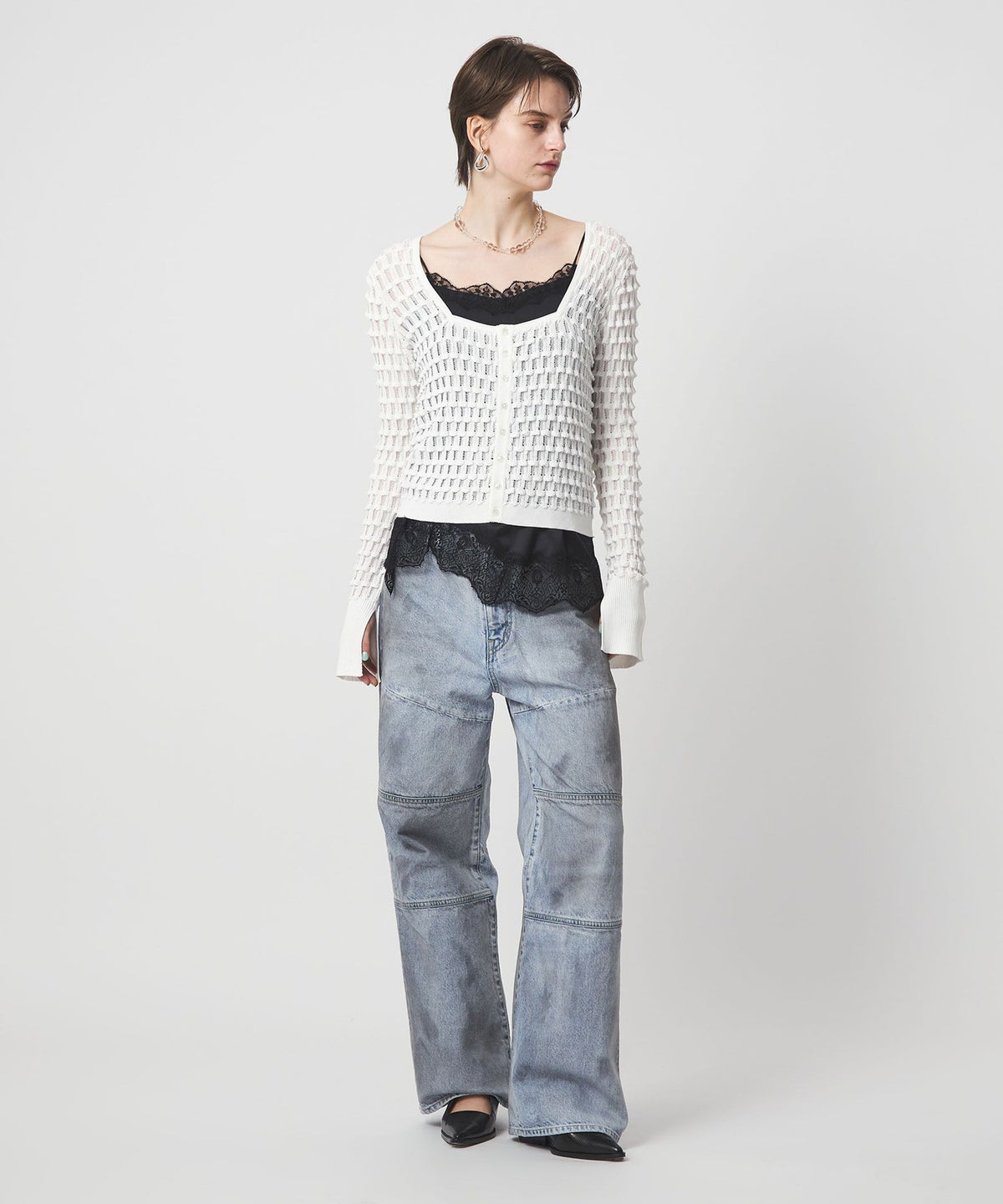<ASTRAET> 12G Eyelet Square Neck Cardigan
