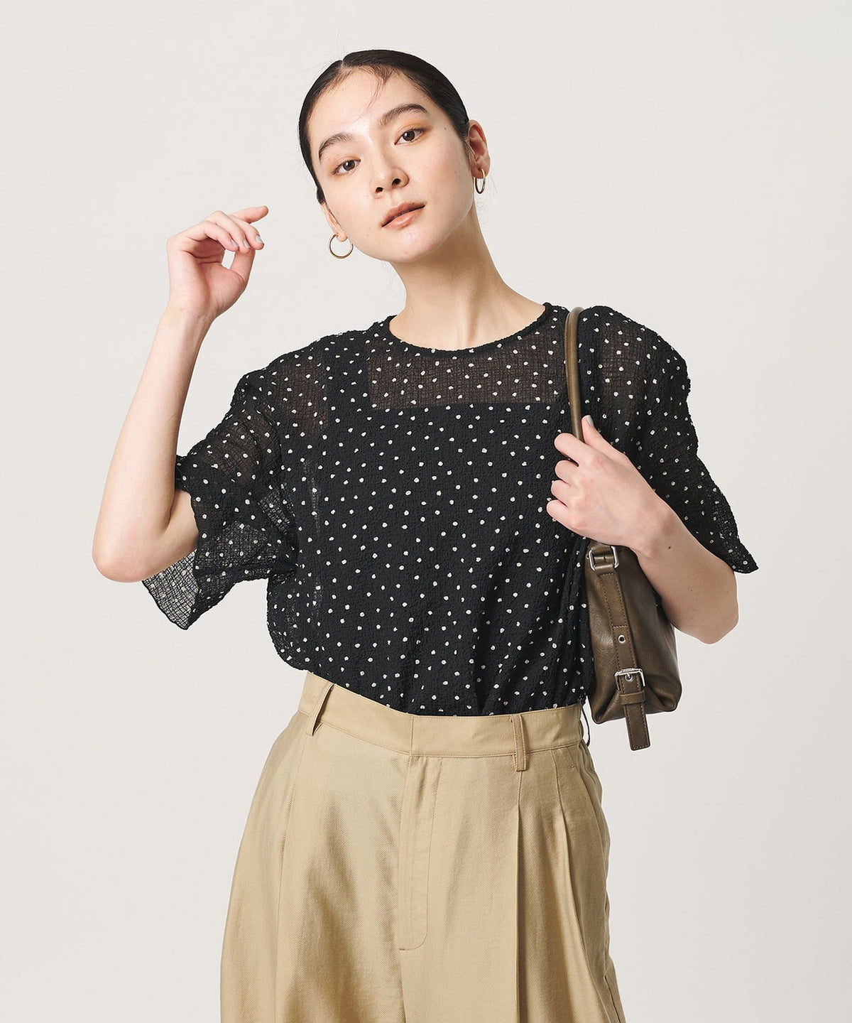 Dot Sheer Short-Sleeve Blouse - Washable