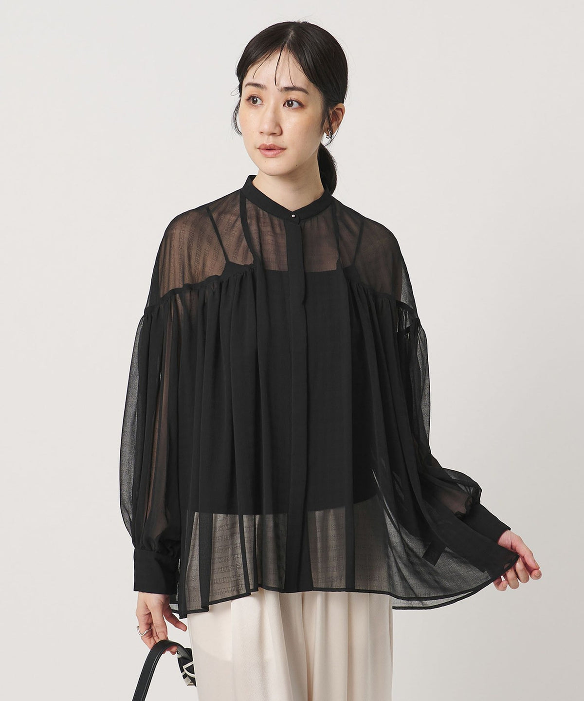 Sheer Gathered Band Collar Blouse