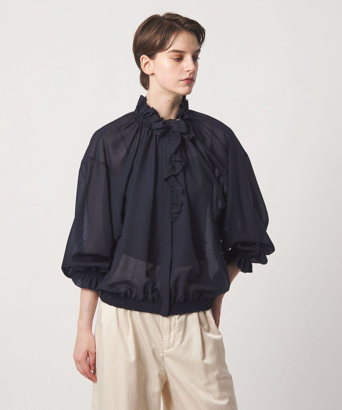 FALL1 Gathered Collar Long Sleeve Blouse