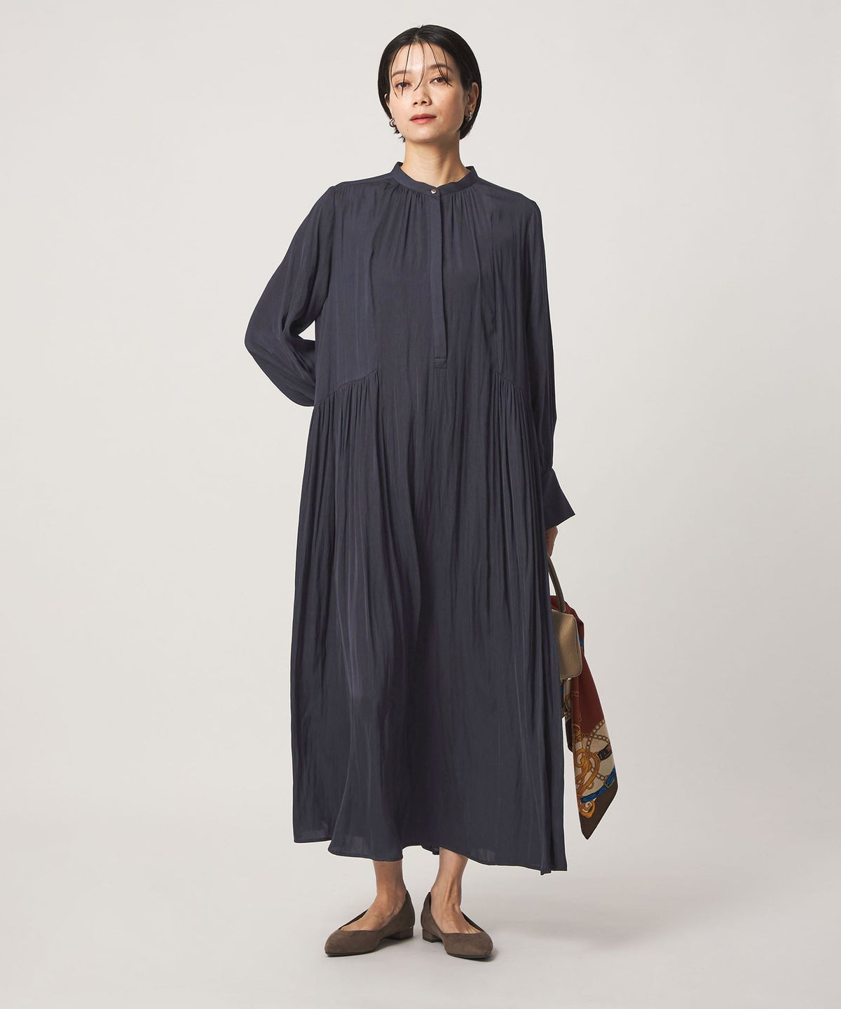 [SHORT Size Available] Satin Gathered Long-Sleeve Dress