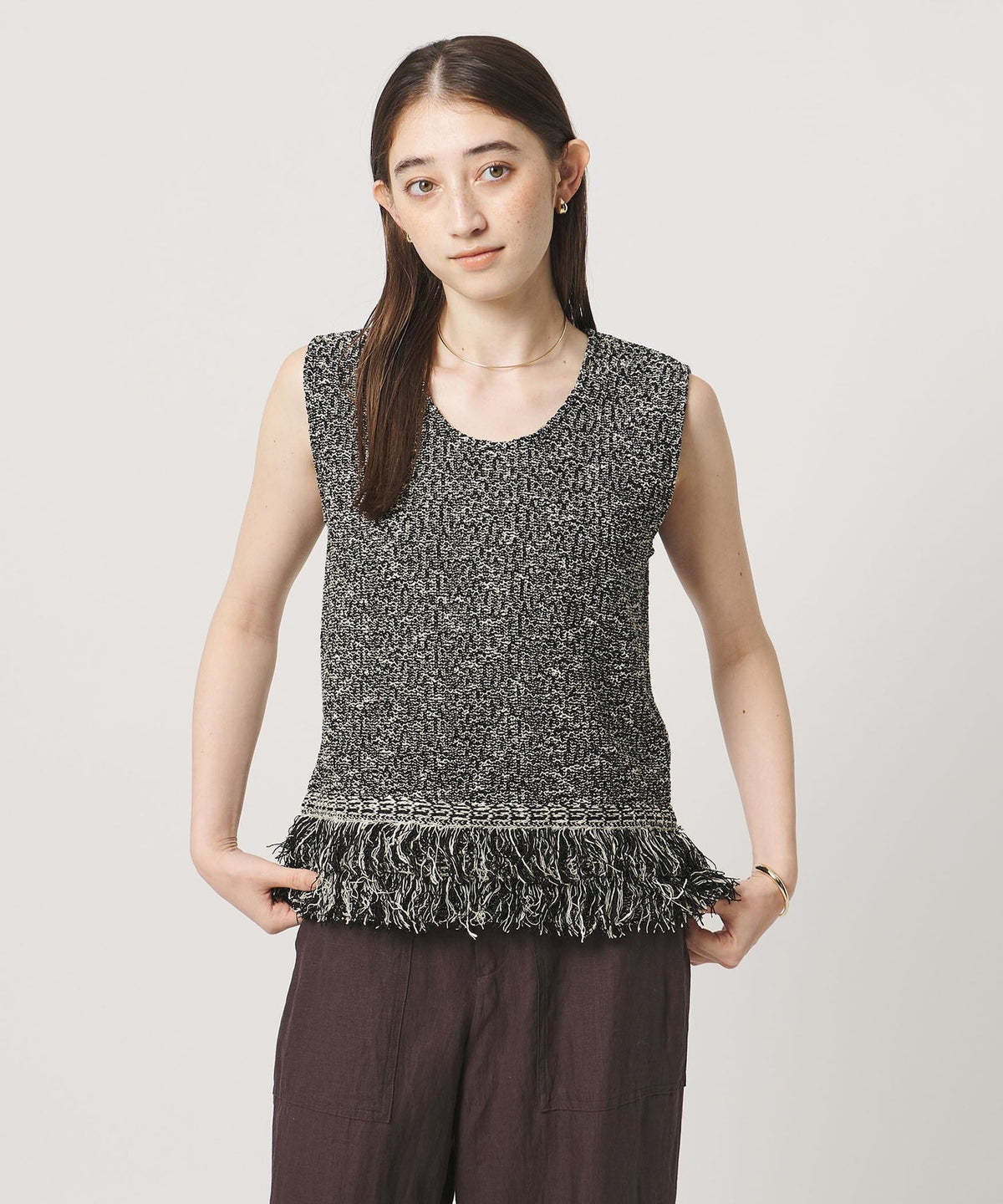 Mixed Fringe Sleeveless Knit Top
