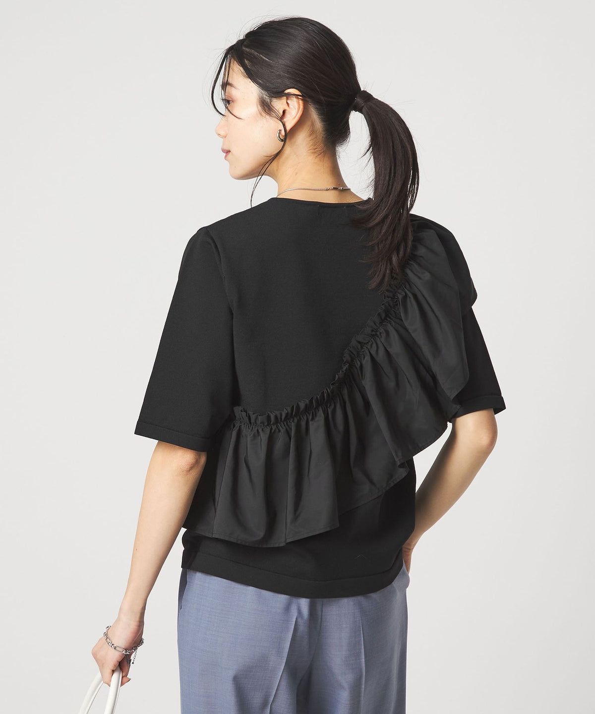 Washable Frill Panel 3/4 Sleeve Knit Pullover