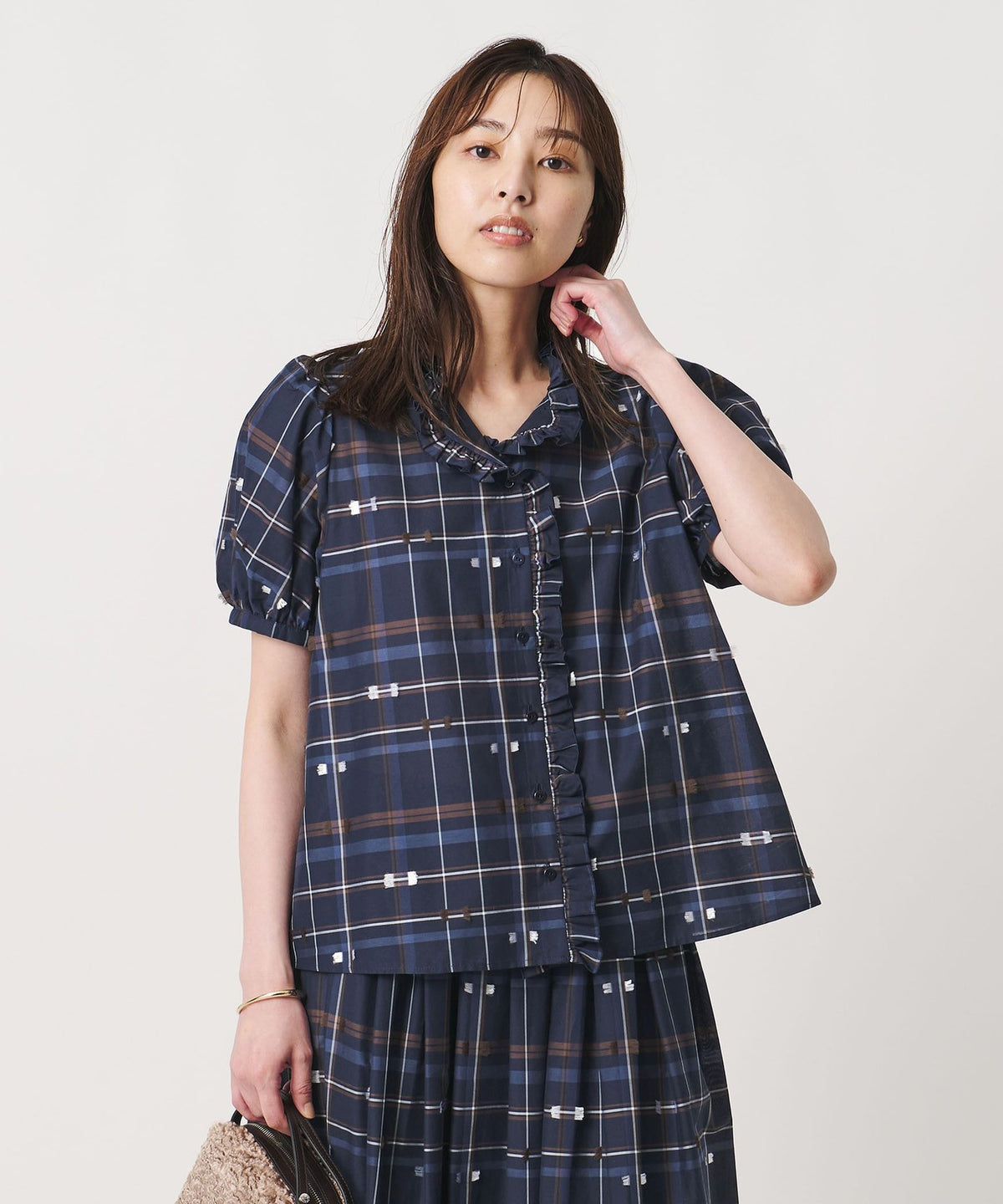Karierte Band-Cut-Jacquard Bluse