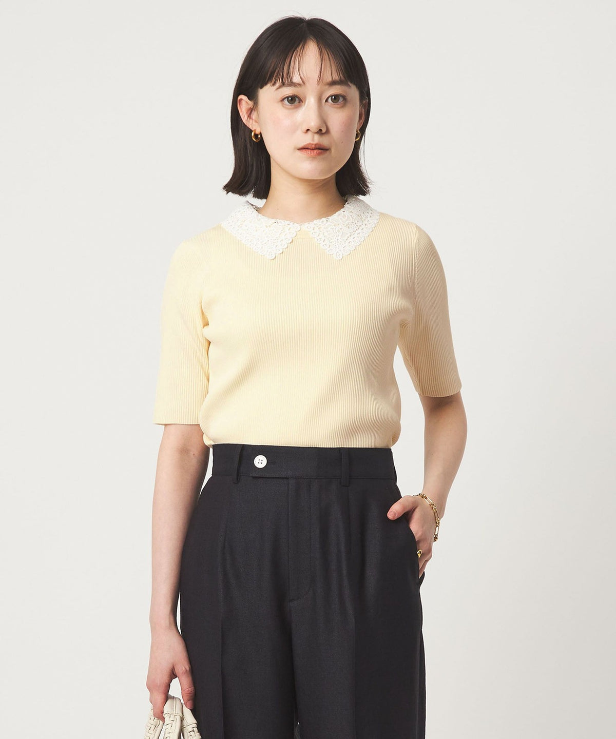 羅紋蕾絲領兩穿五分袖針織套頭上衣