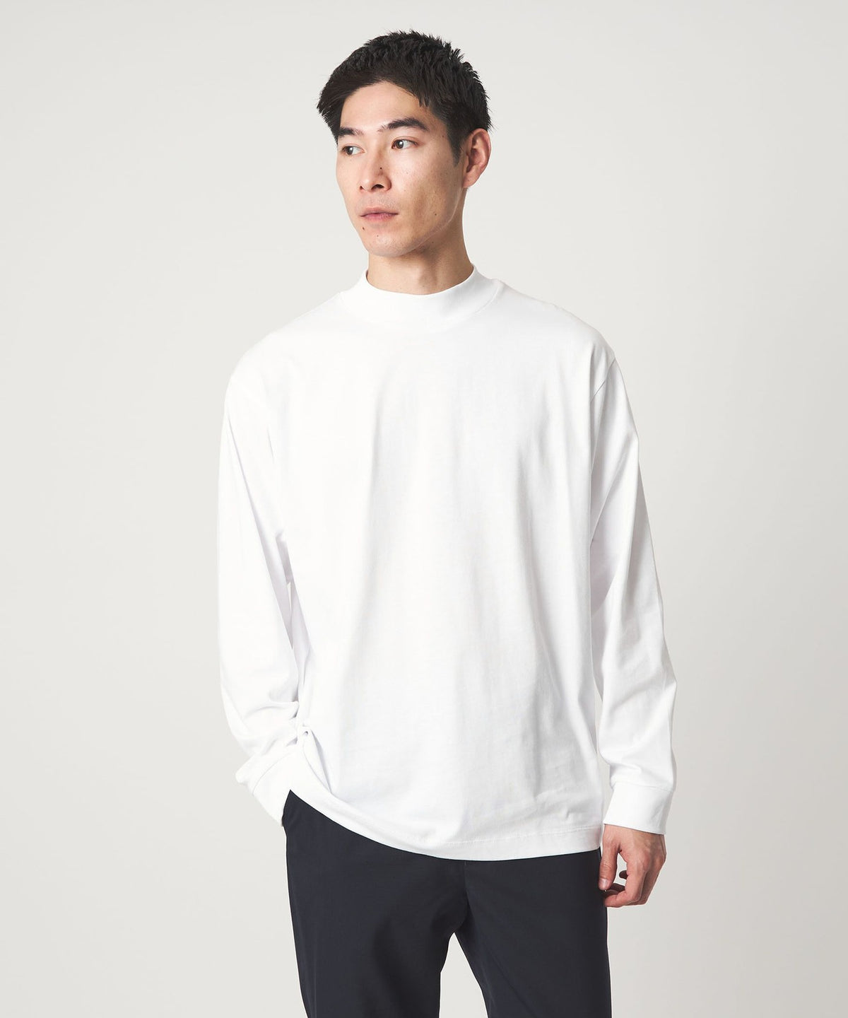 LONG FIBER COTTON Clear Mock Neck Long Sleeve T-Shirt