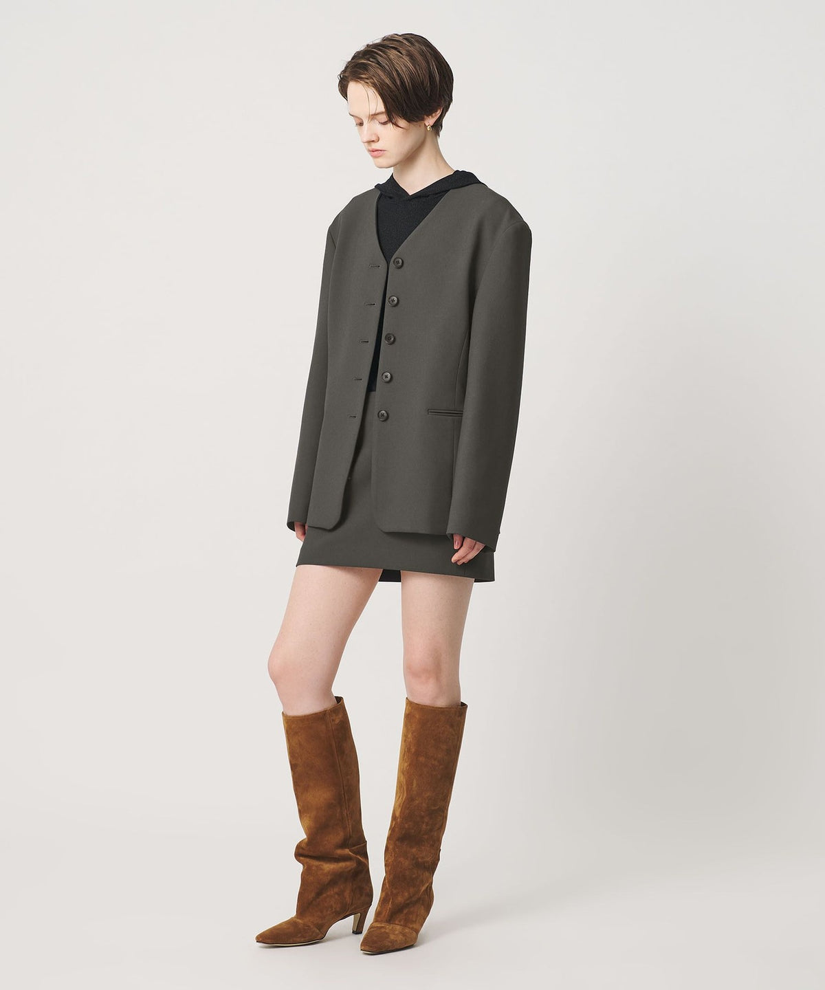 <H> Double Cloth Collarless Jacket