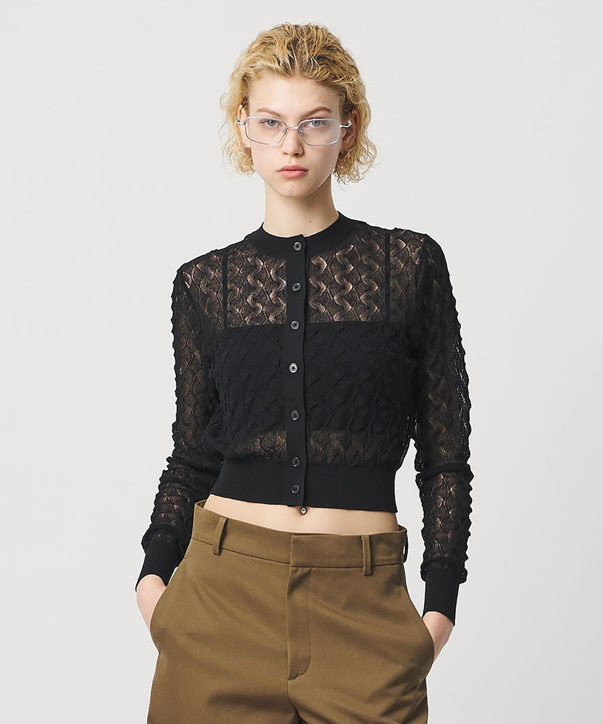 <H> Baumwoll-Nylon Lochmuster Cardigan